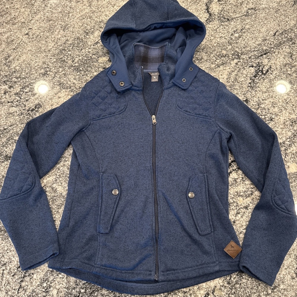 Eddie Bauer Full-Zip Quilted Hooded Sweatshirt Women's Size Medium Navy Blue G43